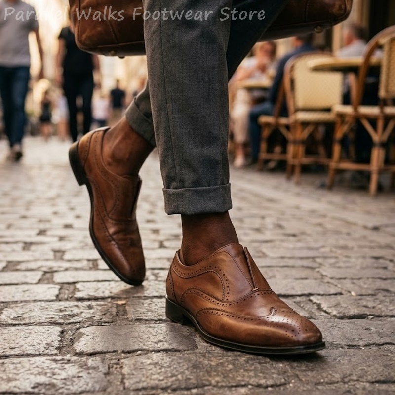 Men'S Shoes Brogues - Erkek Kahverengi Deri Brogue Ayakkabılar Elastik